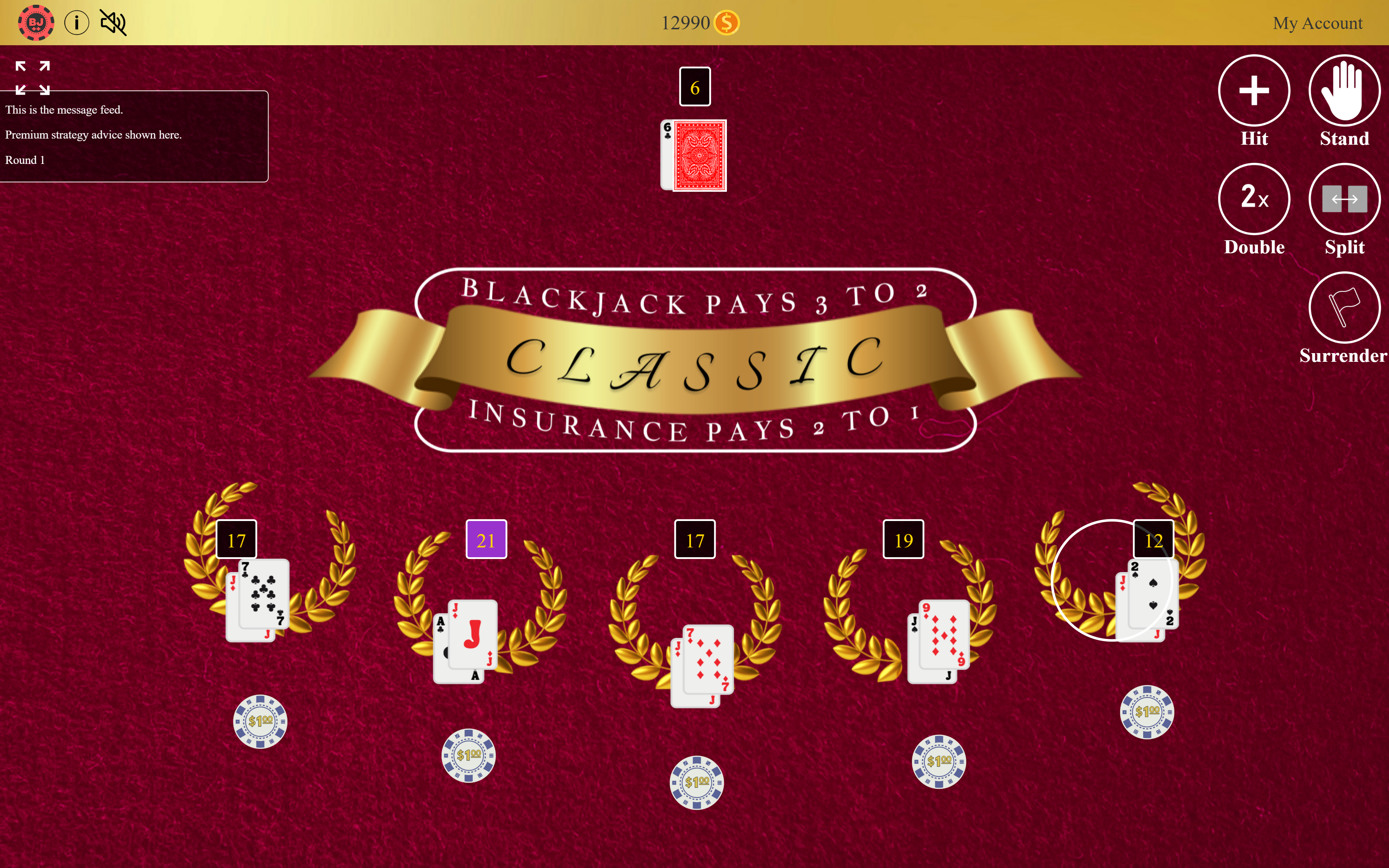 Screenshot of Blackjack++ web casino with cards, chips, and roulette